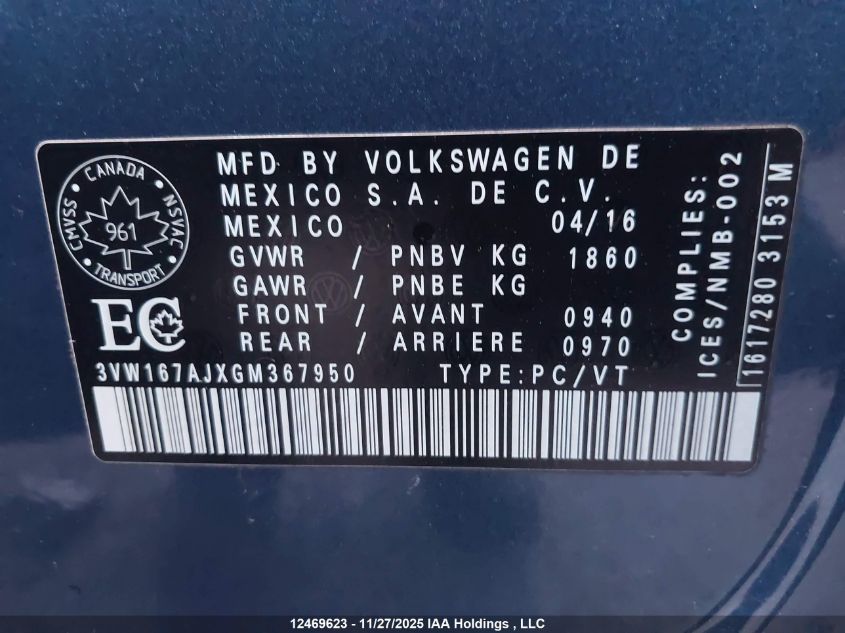 2016 Volkswagen Jetta S VIN: 3VW167AJXGM367950 Lot: 12469623