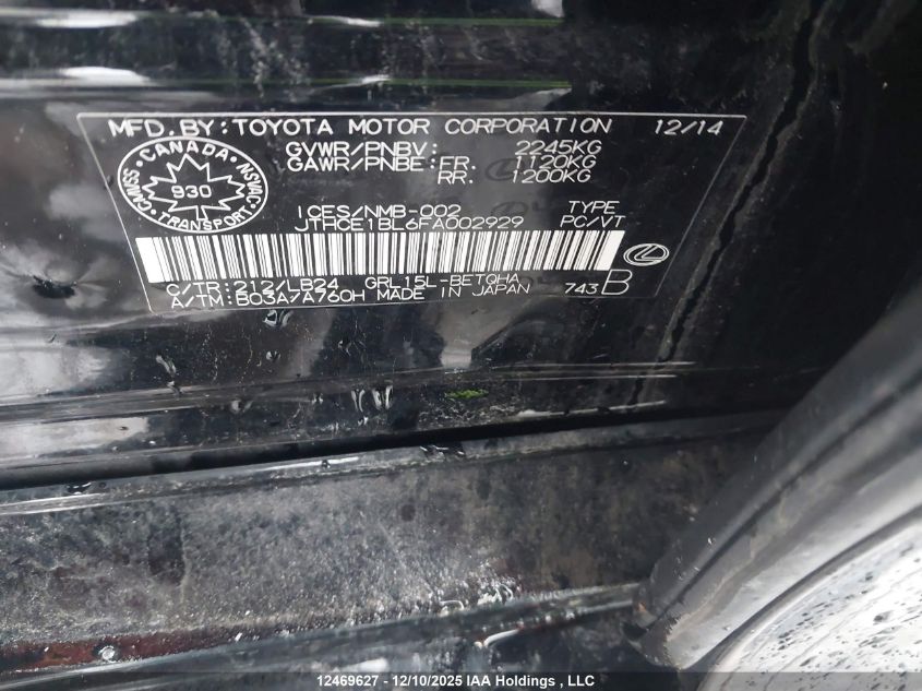 2015 Lexus Gs 350 350 VIN: JTHCE1BL6FA002929 Lot: 12469627