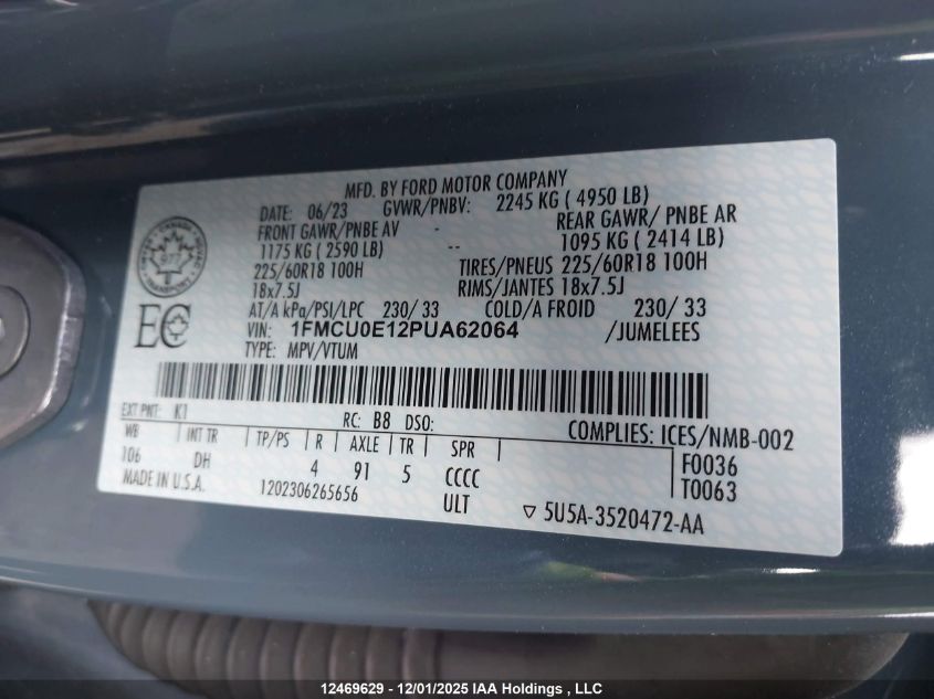 2023 Ford Escape VIN: 1FMCU0E12PUA62064 Lot: 12469629