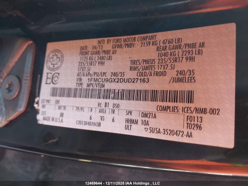 2013 Ford Escape Se VIN: 1FMCU9GX2DUD27163 Lot: 12469644