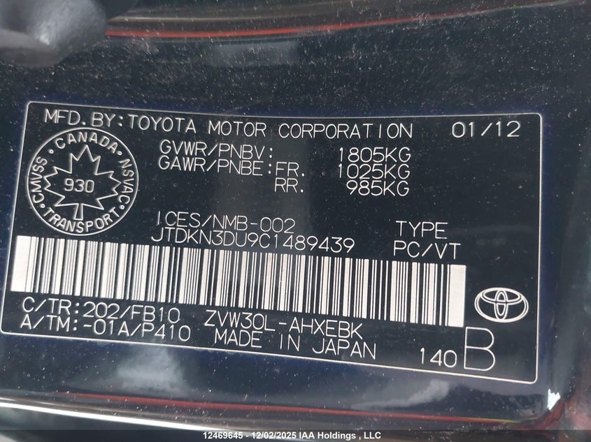 JTDKN3DU9C1489439 2012 TOYOTA PRIUS photo no. 9