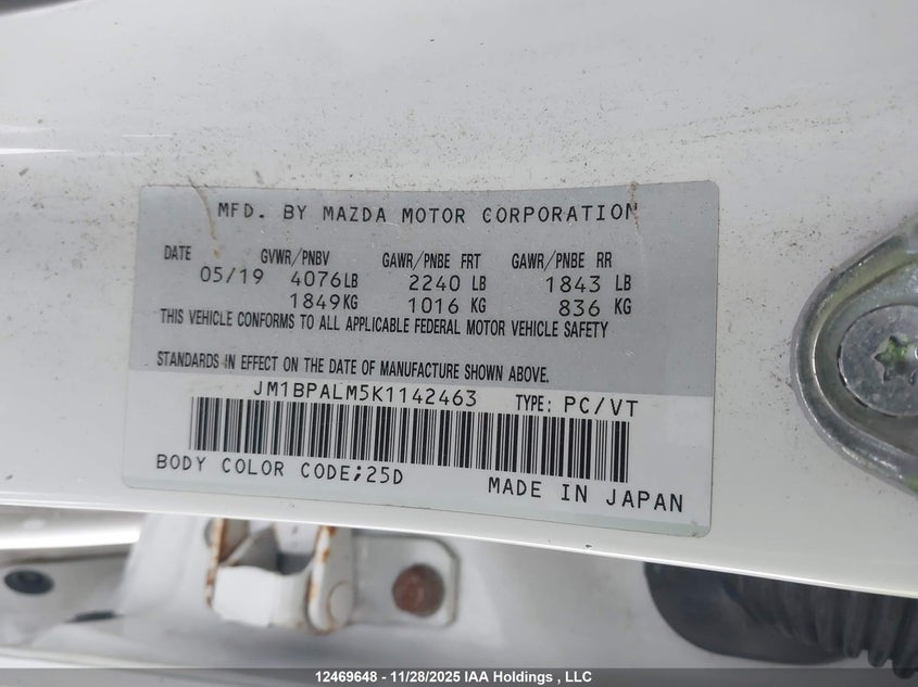 2019 Mazda Mazda3 Gs VIN: JM1BPALM5K1142463 Lot: 12469648