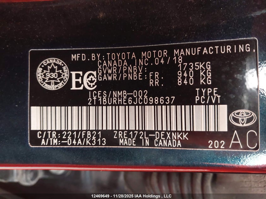 2018 Toyota Corolla Le VIN: 2T1BURHE6JC098637 Lot: 12469649