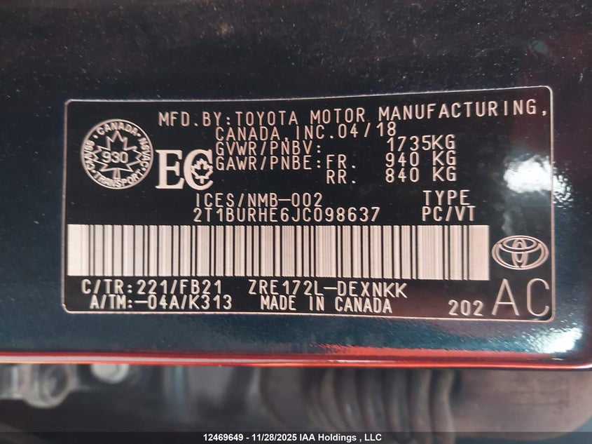 2018 Toyota Corolla Le VIN: 2T1BURHE6JC098637 Lot: 12469649