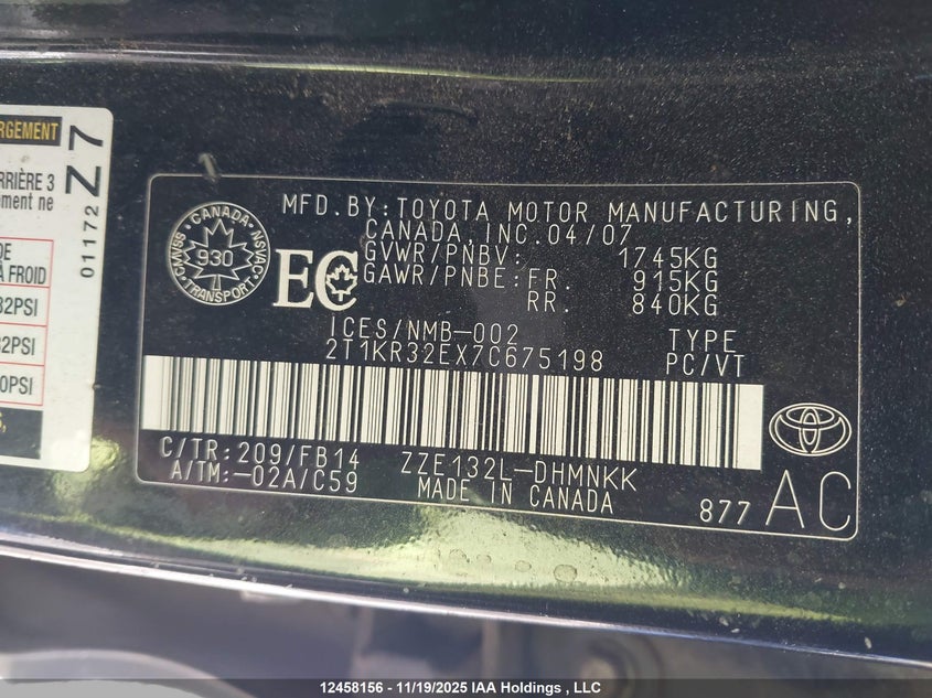 2007 Toyota Matrix Xr VIN: 2T1KR32EX7C675198 Lot: 12458156X