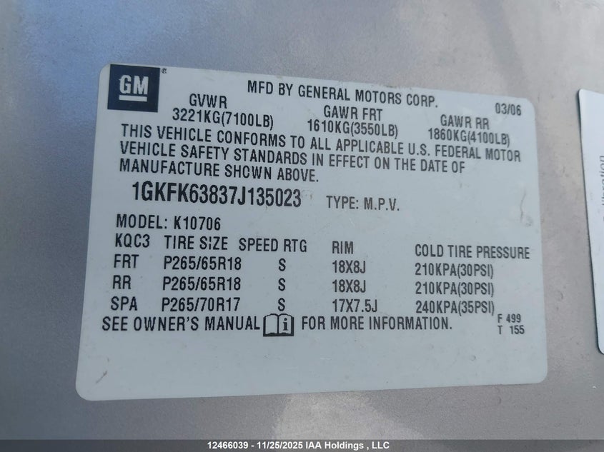 2007 GMC Yukon Denali Denali VIN: 1GKFK63837J135023 Lot: 12466039X