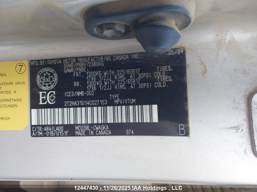 2004 Lexus Rx 330 VIN: 2T2HA31U14C027153 Lot: 12447430X