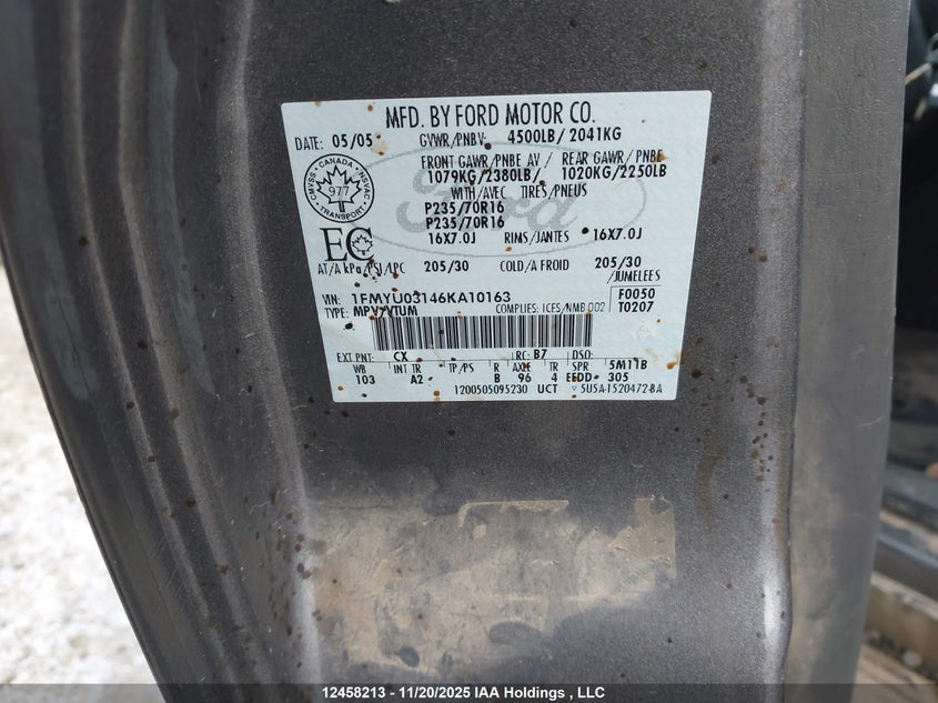 2006 Ford Escape Xlt VIN: 1FMYU03146KA10163 Lot: 12458213X