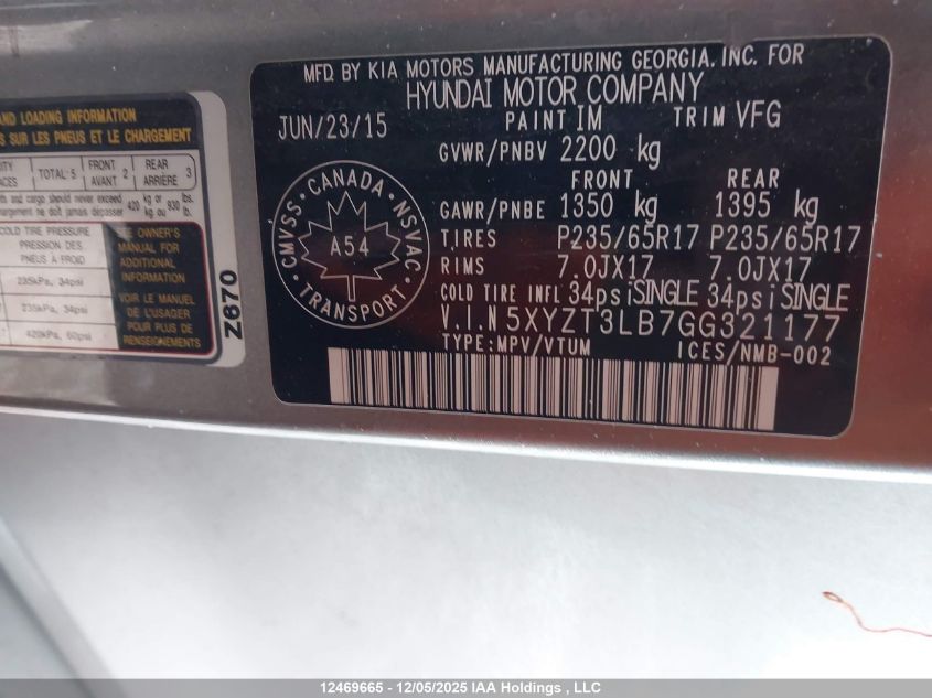 2016 Hyundai Santa Fe VIN: 5XYZT3LB7GG321177 Lot: 12469665