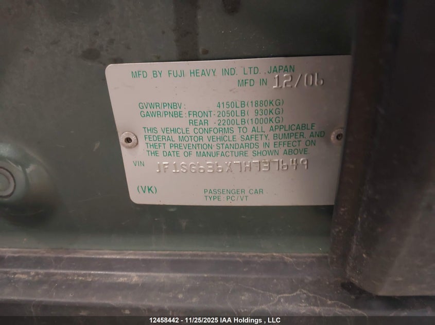 2007 Subaru Forester VIN: JF1SG636X7H737649 Lot: 12458442X