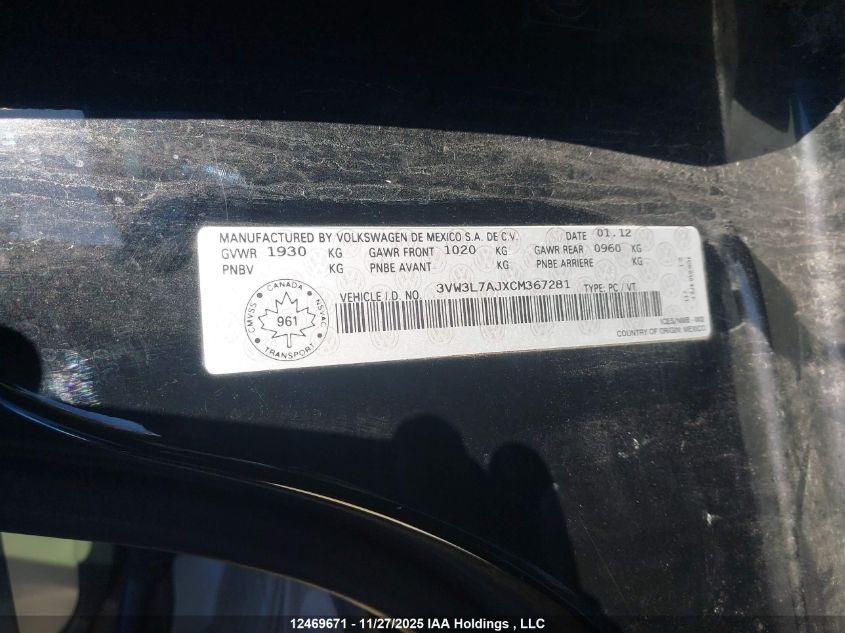 2012 Volkswagen Jetta Tdi VIN: 3VW3L7AJXCM367281 Lot: 12469671