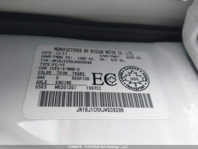 2018 Nissan Qashqai S/Sl/Sv VIN: JN1BJ1CRXJW209298 Lot: 12469679