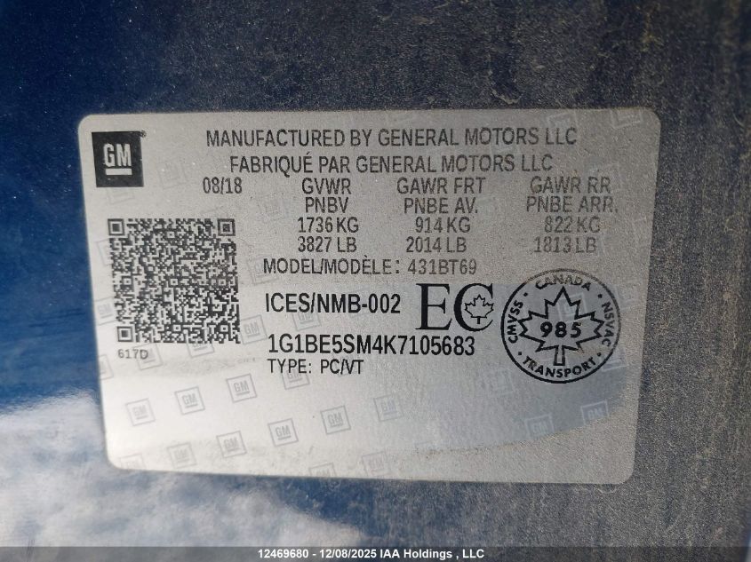 2019 Chevrolet Cruze VIN: 1G1BE5SM4K7105683 Lot: 12469680