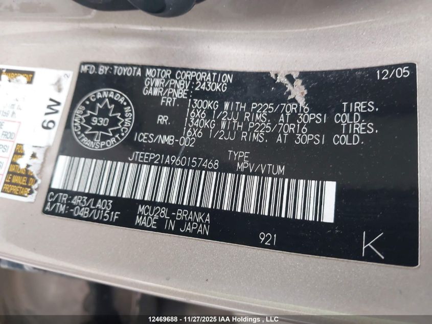 2006 Toyota Highlander Limited VIN: JTEEP21A960157468 Lot: 12469688