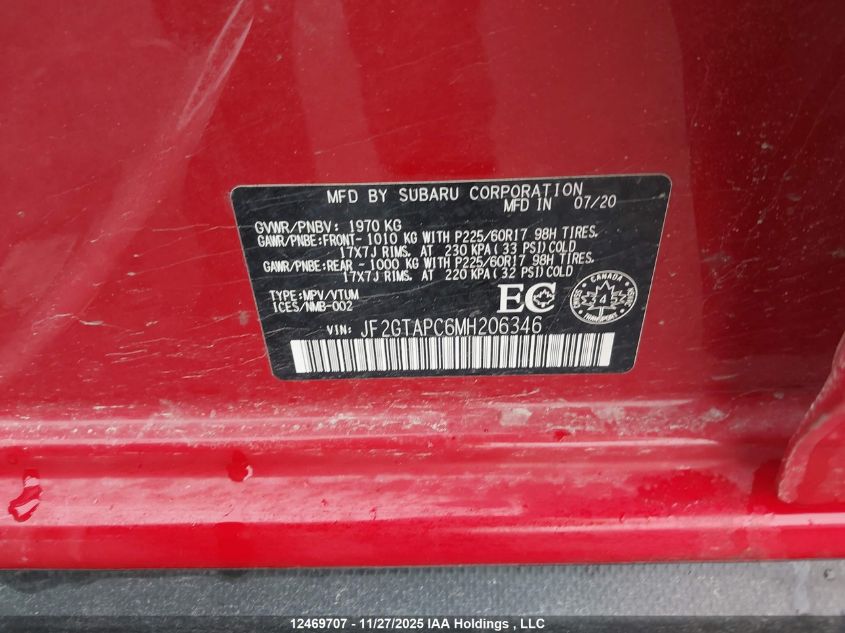 2021 Subaru Crosstrek Touring VIN: JF2GTAPC6MH206346 Lot: 12469707