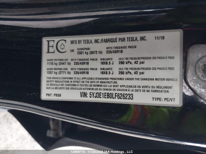 2020 Tesla Model 3 Long Range VIN: 5YJ3E1EB0LF626233 Lot: 12469715