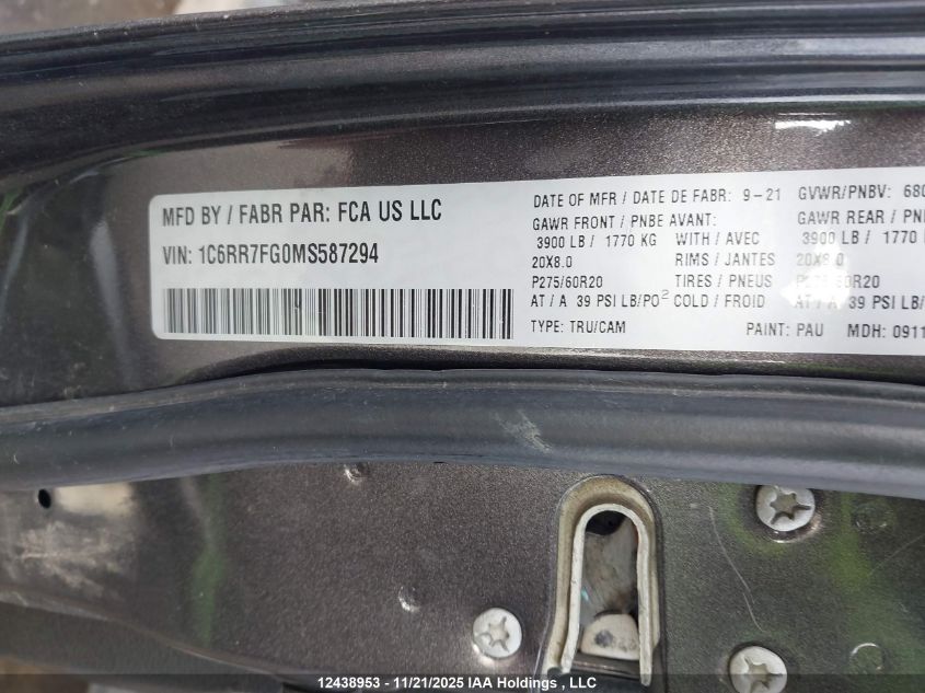 2021 Ram 1500 Classic Tradesman VIN: 1C6RR7FG0MS587294 Lot: 12438953X