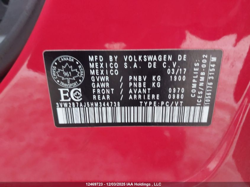 2017 Volkswagen Jetta 1.4 Tsi Trendline+ VIN: 3VW2B7AJ5HM344738 Lot: 12469723