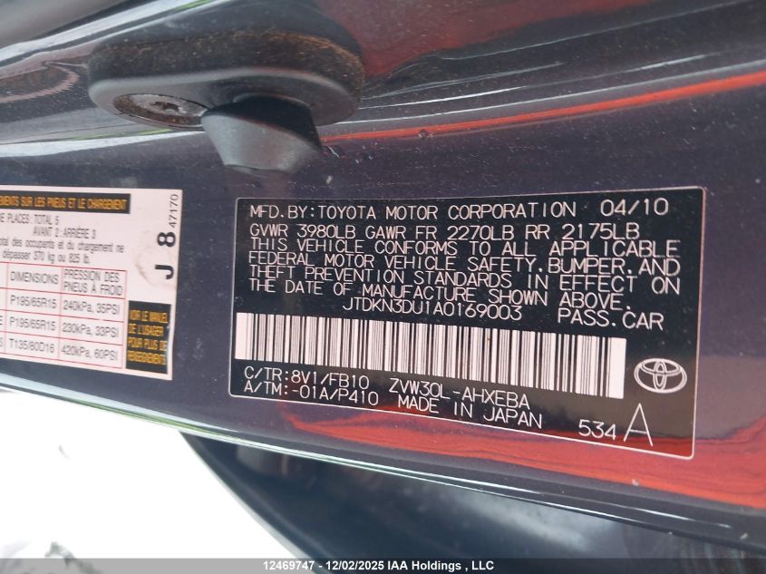 2010 Toyota Prius VIN: JTDKN3DU1A0169003 Lot: 12469747