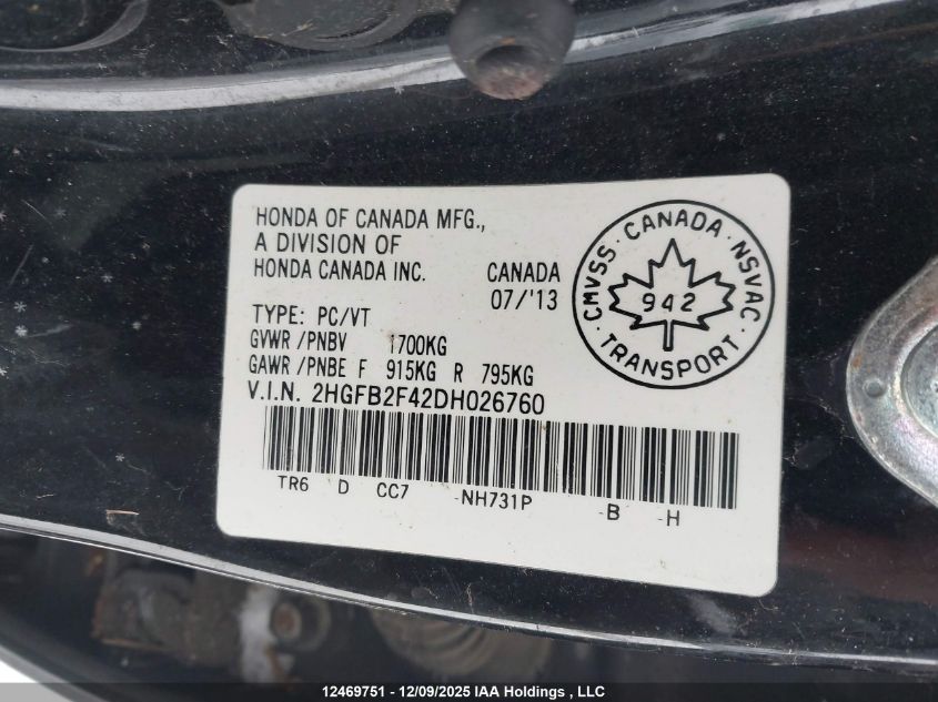 2013 Honda Civic Lx VIN: 2HGFB2F42DH026760 Lot: 12469751