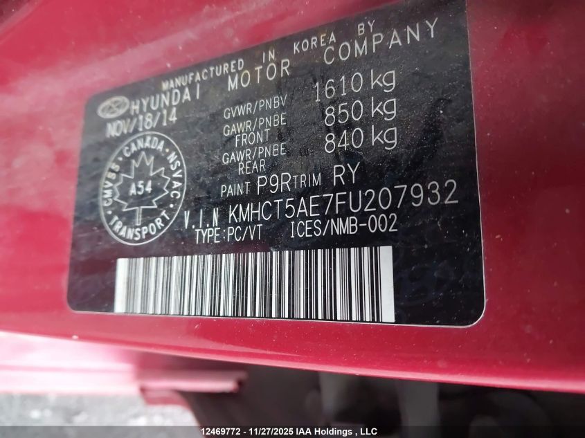 2015 Hyundai Accent Gl VIN: KMHCT5AE7FU207932 Lot: 12469772