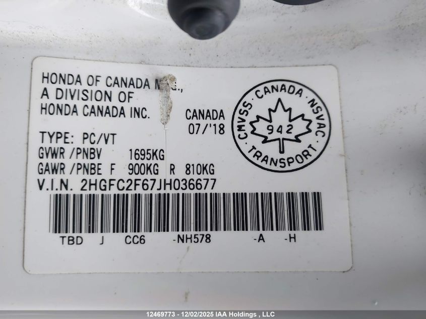 2018 Honda Civic Lx VIN: 2HGFC2F67JH036677 Lot: 12469773