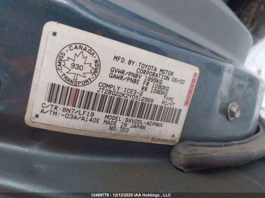 2000 Toyota Camry Ce/Ce V6/Le VIN: JT2BG22K2Y0512569 Lot: 12469779