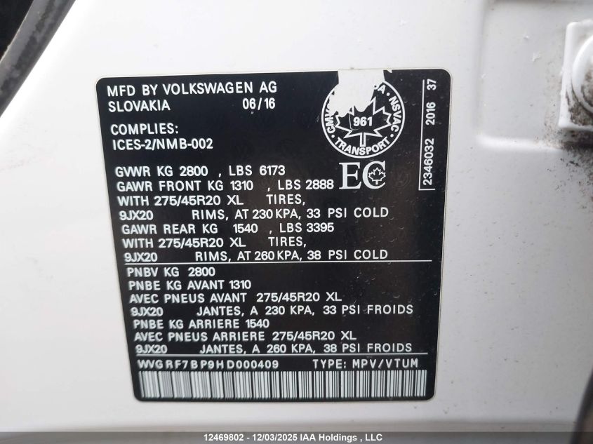 2017 Volkswagen Touareg 3.6L Wolfsburg Edition VIN: WVGRF7BP9HD000409 Lot: 12469802