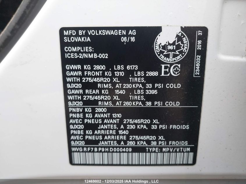 2017 Volkswagen Touareg 3.6L Wolfsburg Edition VIN: WVGRF7BP9HD000409 Lot: 12469802