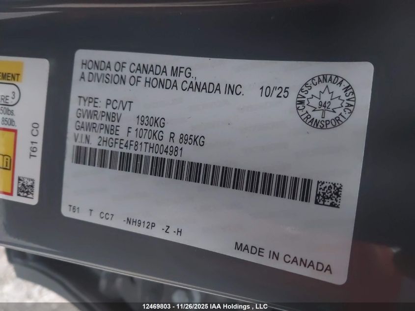 2026 Honda Civic Hybrid Sport/Sport Touring VIN: 2HGFE4F81TH004981 Lot: 12469803