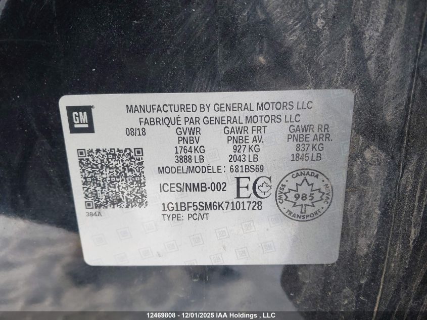 2019 Chevrolet Cruze Premier VIN: 1G1BF5SM6K7101728 Lot: 12469808