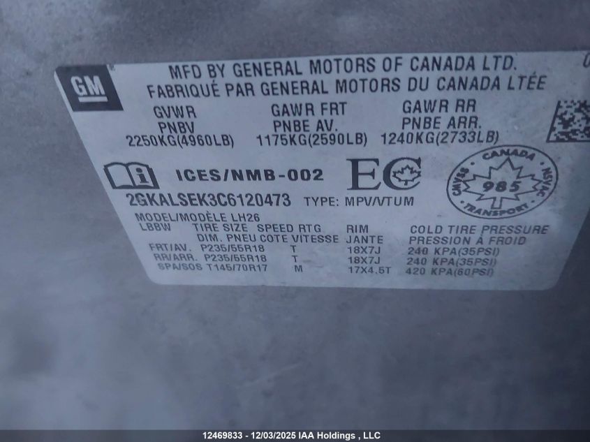 2012 GMC Terrain Sle-2 VIN: 2GKALSEK3C6120473 Lot: 12469833