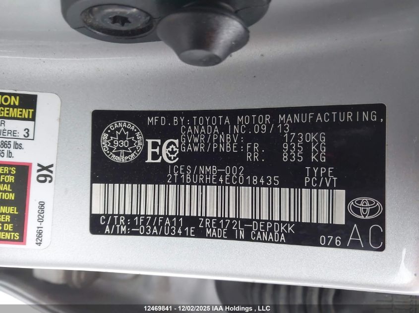 2014 Toyota Corolla VIN: 2T1BURHE4EC018435 Lot: 12469841