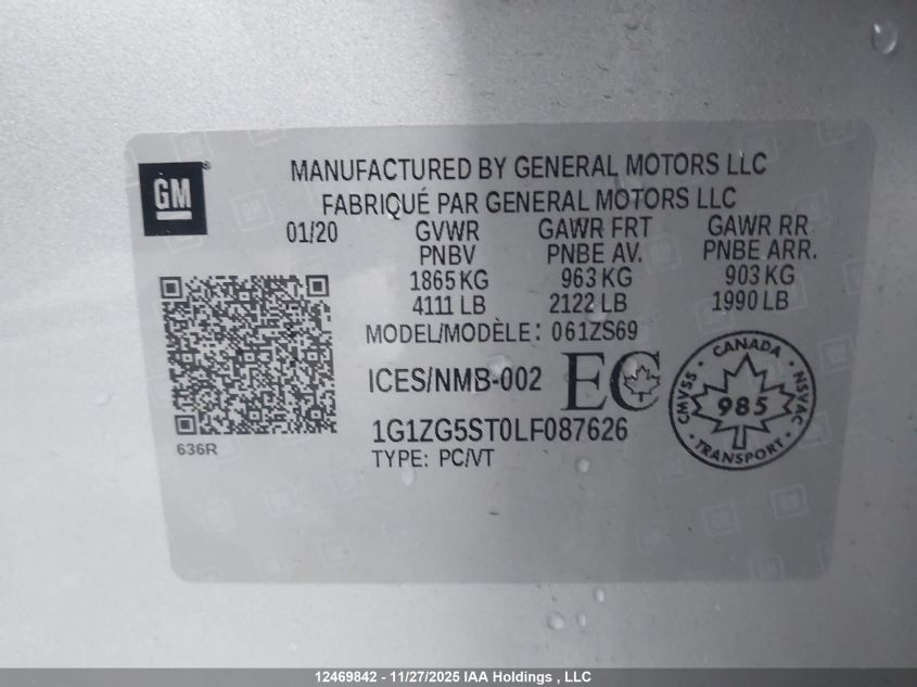 2020 Chevrolet Malibu Rs VIN: 1G1ZG5ST0LF087626 Lot: 12469842