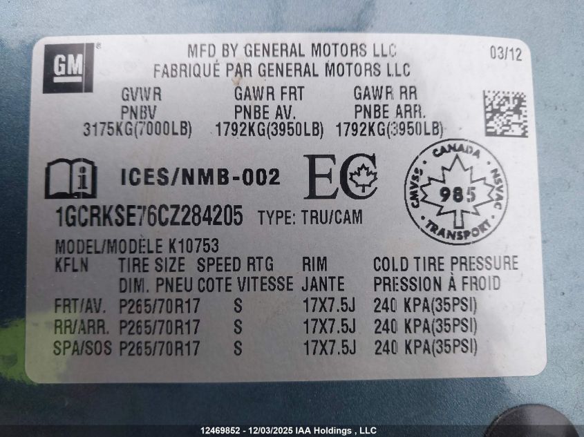 2012 Chevrolet Silverado 1500 Lt VIN: 1GCRKSE76CZ284205 Lot: 12469852