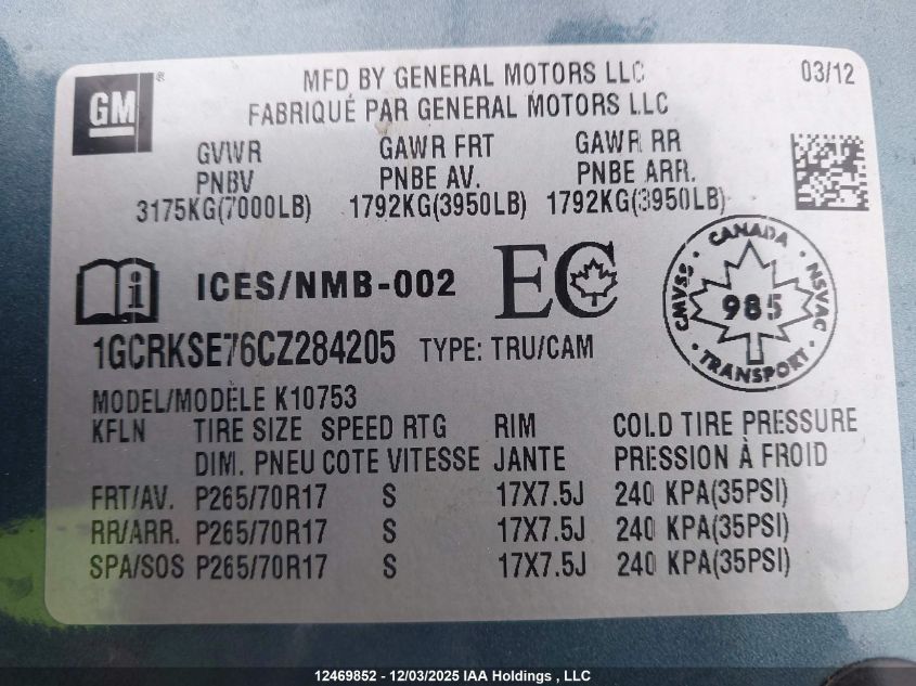 2012 Chevrolet Silverado 1500 Lt VIN: 1GCRKSE76CZ284205 Lot: 12469852