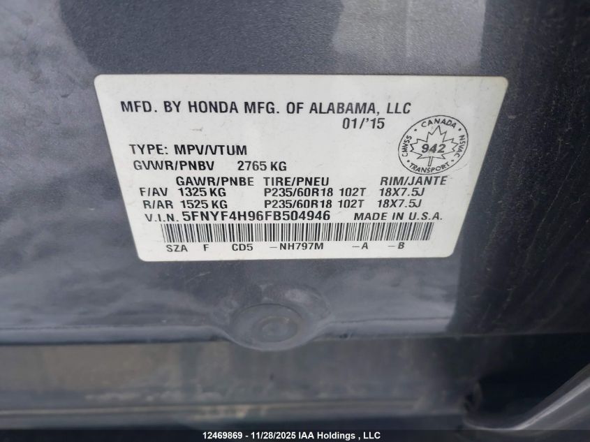 2015 Honda Pilot Touring VIN: 5FNYF4H96FB504946 Lot: 12469869