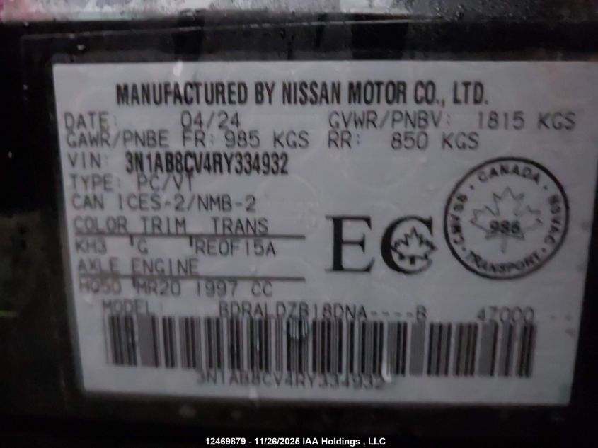 2024 Nissan Sentra Sv VIN: 3N1AB8CV4RY334932 Lot: 12469879