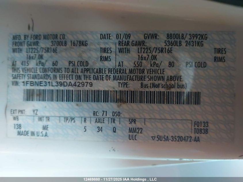 2009 Ford Econoline E350 Super Duty Wagon VIN: 1FBNE31L39DA42979 Lot: 12469880