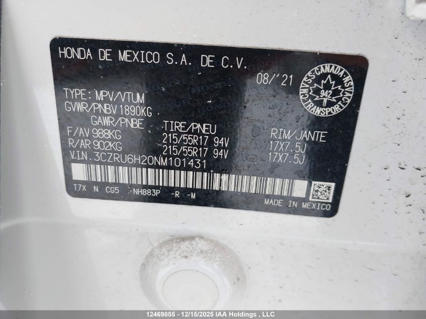 2022 Honda Hr-V VIN: 3CZRU6H20NM101431 Lot: 12469885