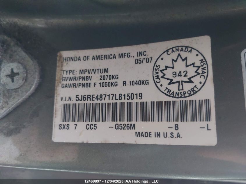2007 Honda Cr-V Exl VIN: 5J6RE48717L815019 Lot: 12469897