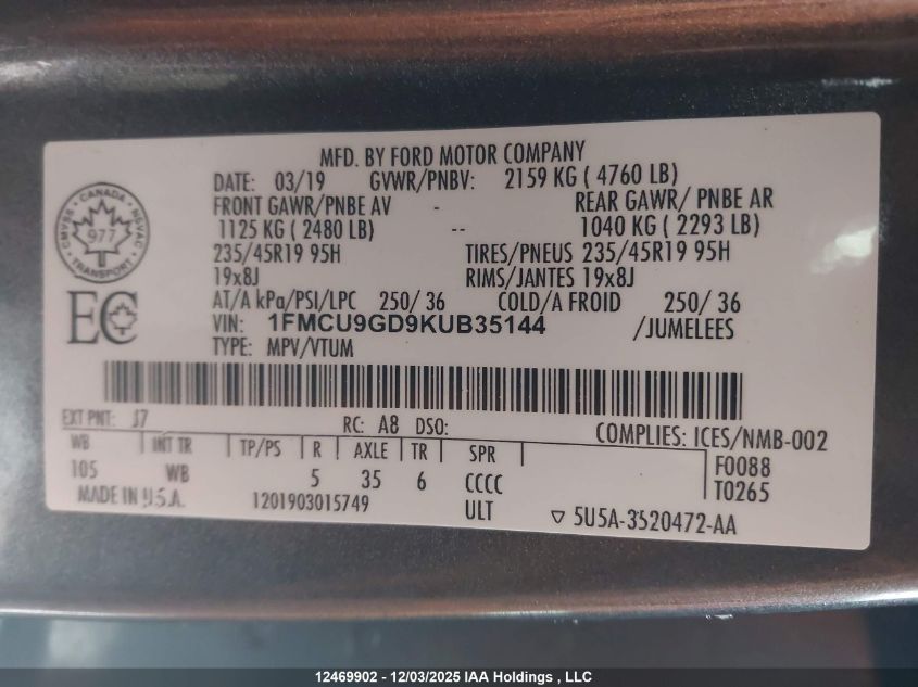 2019 Ford Escape Se VIN: 1FMCU9GD9KUB35144 Lot: 12469902