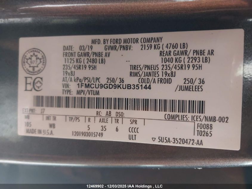 2019 Ford Escape Se VIN: 1FMCU9GD9KUB35144 Lot: 12469902