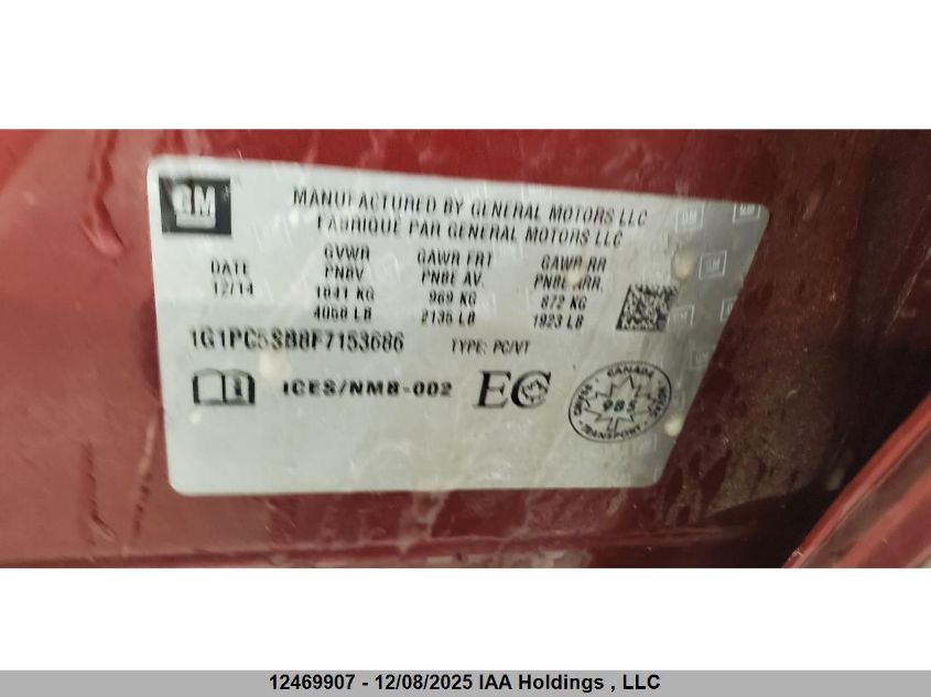 2015 Chevrolet Cruze 1Lt VIN: 1G1PC5SB8F7153686 Lot: 12469907