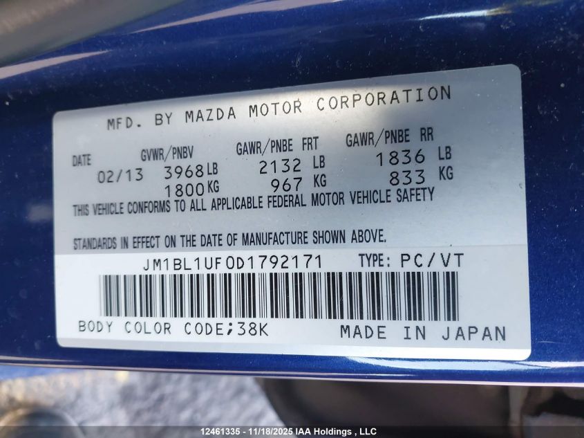 2013 Mazda Mazda3 Gx VIN: JM1BL1UF0D1792171 Lot: 12461335X