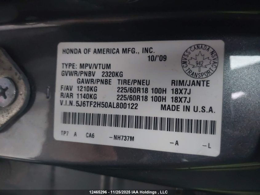 2010 Honda Accord Crosstour Ex-L VIN: 5J6TF2H50AL800122 Lot: 12465296X