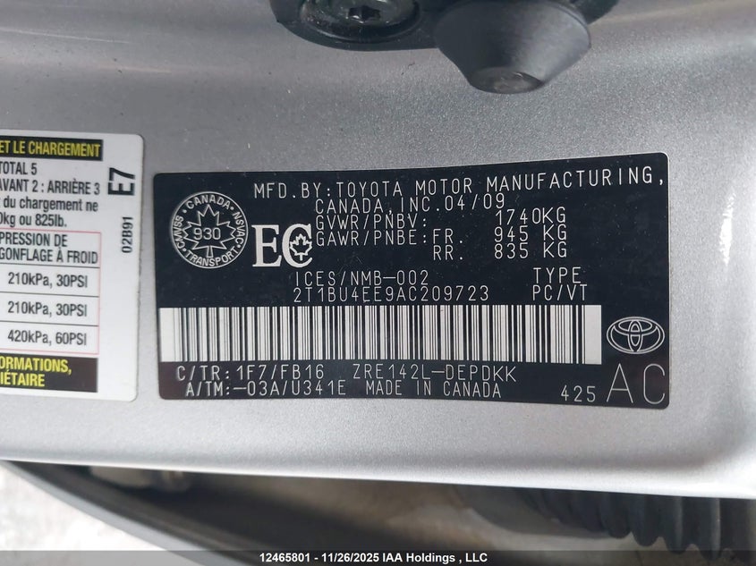 2010 Toyota Corolla Ce VIN: 2T1BU4EE9AC209723 Lot: 12465801X