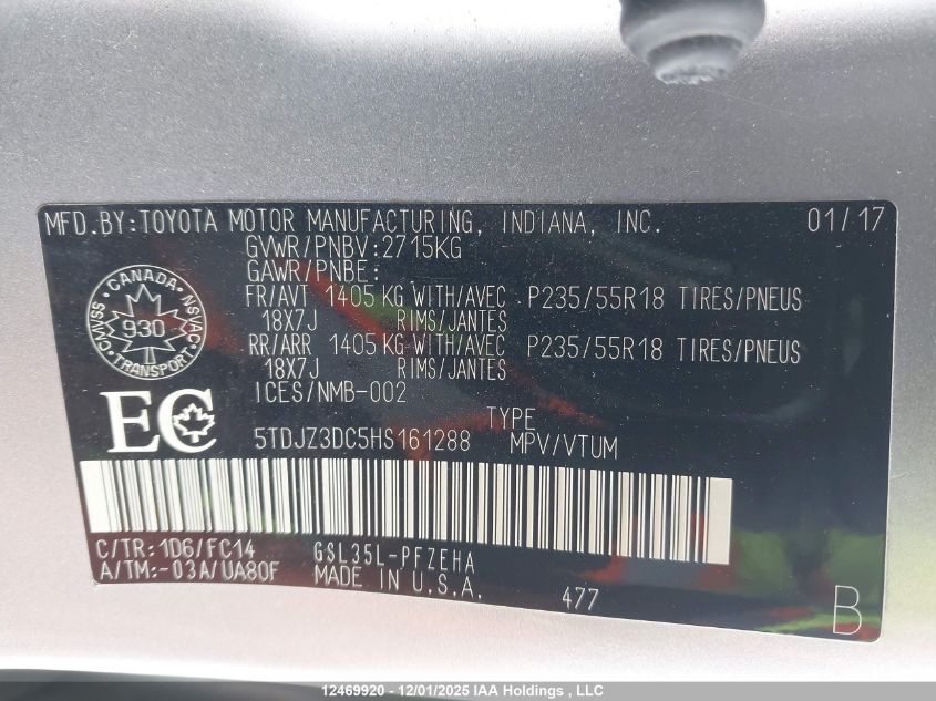 2017 Toyota Sienna Le VIN: 5TDJZ3DC5HS161288 Lot: 12469920