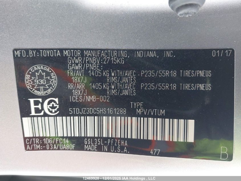 2017 Toyota Sienna Le VIN: 5TDJZ3DC5HS161288 Lot: 12469920