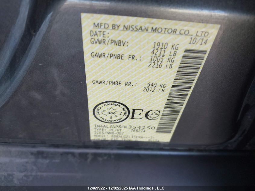 2015 Nissan Altima 2.5/2.5 S/2.5 Sl/2.5 Sv VIN: 1N4AL3AP8FN354150 Lot: 12469922